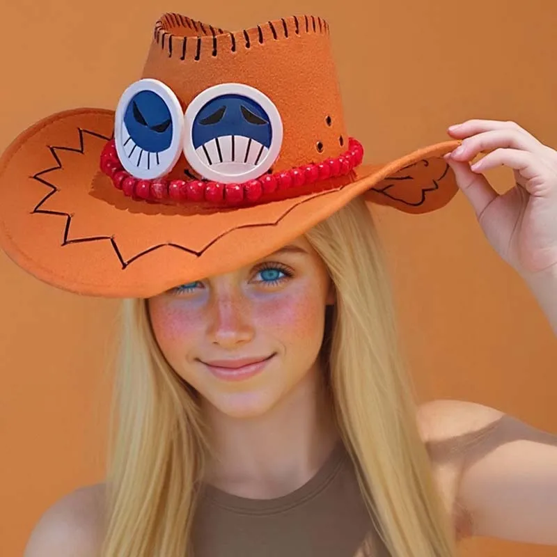 Anime Ace Cosplay Hats Unisex Luffy Ace Orange Cowboy Cap for Kids Adult Halloween Carnival Cosplay Accessories