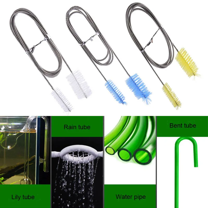 Aquarium Cleaning Brush for Water Hose Lily Pipe Air Tube Stainless Steel Flexible Bent Tube Double Head Brush Fish