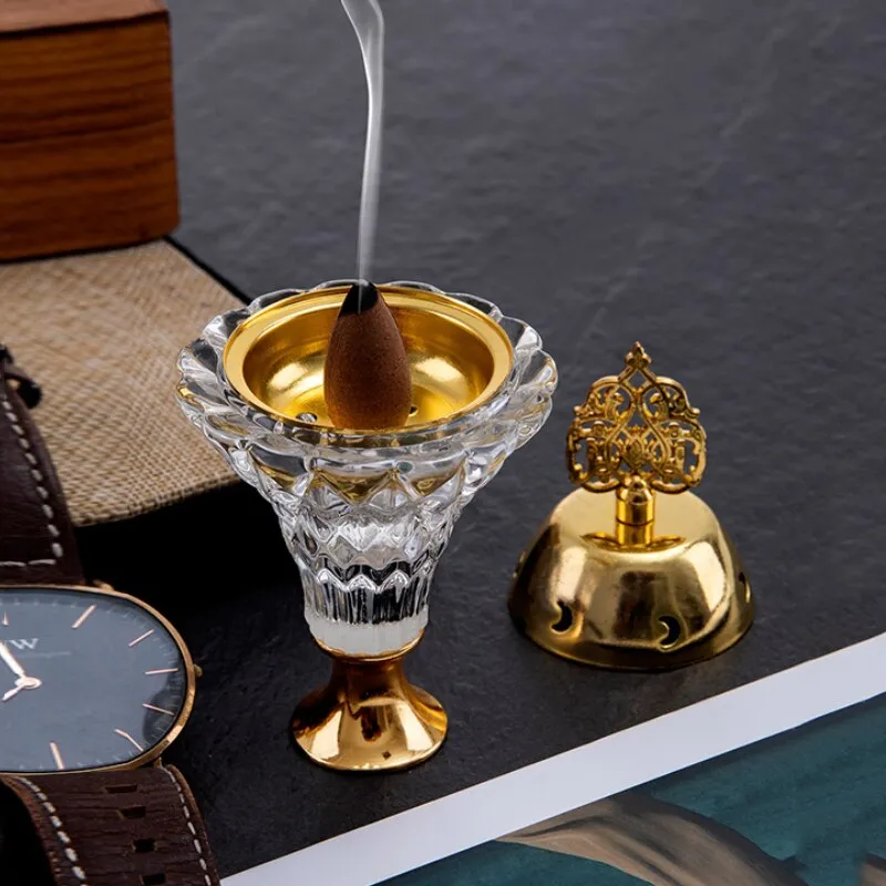 Artificial Crystal Incense Burner With Cover Aromatherapy Diffuser Metal Crafts Family Yoga Studio Home Decoration