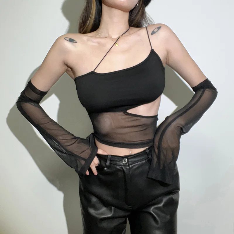Asymmetrical Cut Out Mesh Crop Top with Sleeves Fairy Grunge Clothes Transparent Camisole Tank Tops