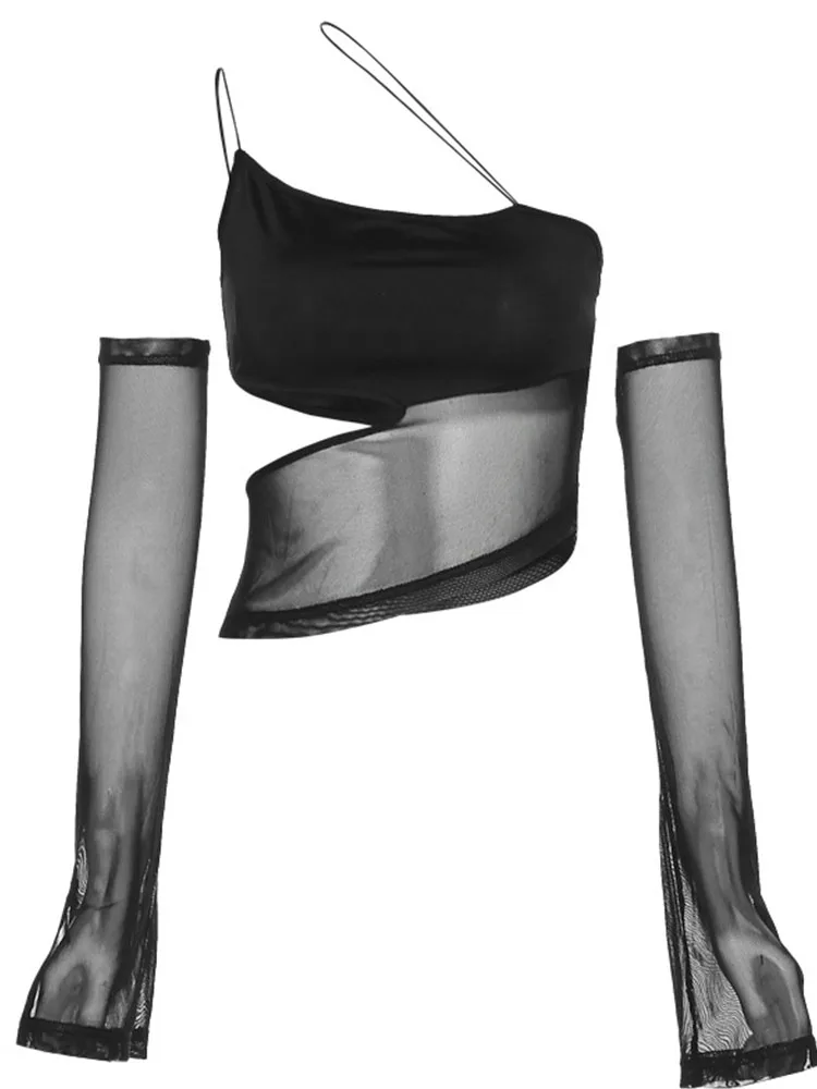 Asymmetrical Cut Out Mesh Crop Top with Sleeves Fairy Grunge Clothes Transparent Camisole Tank Tops
