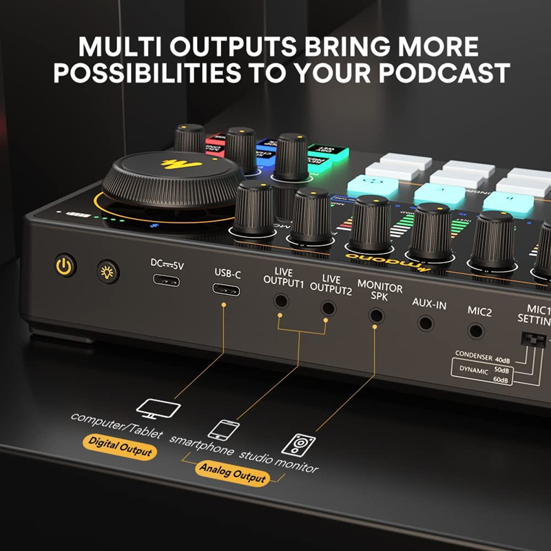 Audio Interface DJ Mixer All in One Portable Podcast Studio for Recording Live Streaming Youtube Guitar PC Sound Card