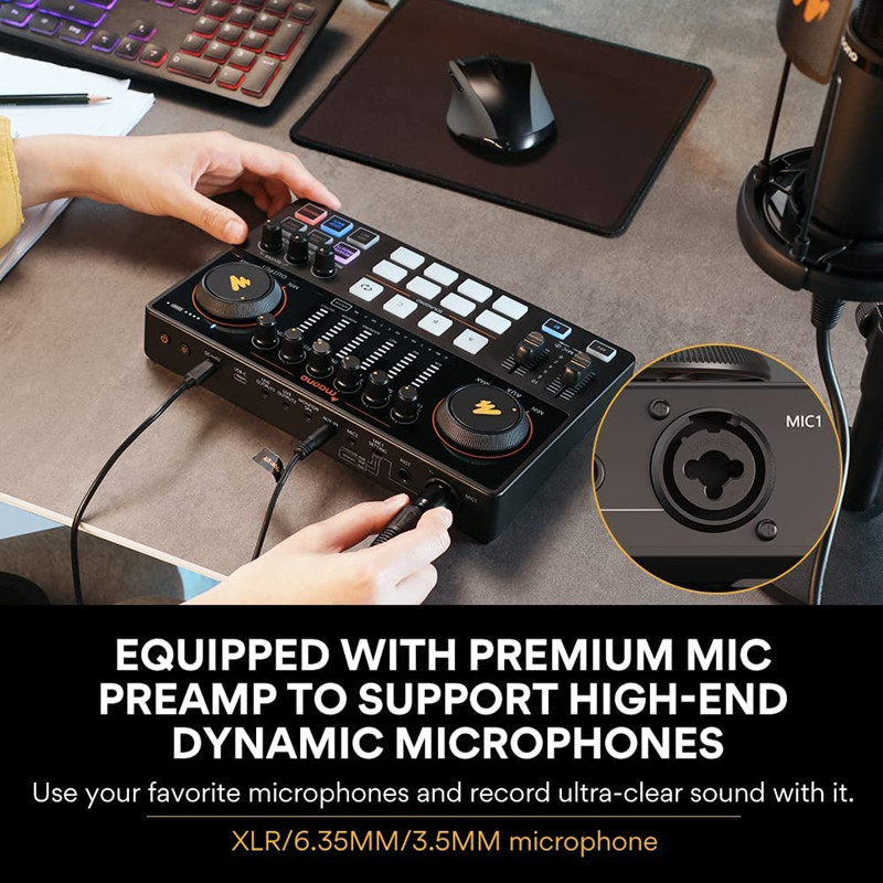 Audio Interface DJ Mixer All in One Portable Podcast Studio for Recording Live Streaming Youtube Guitar PC Sound Card