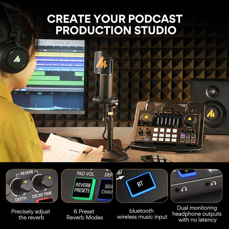 Audio Interface DJ Mixer All in One Portable Podcast Studio for Recording Live Streaming Youtube Guitar PC Sound Card
