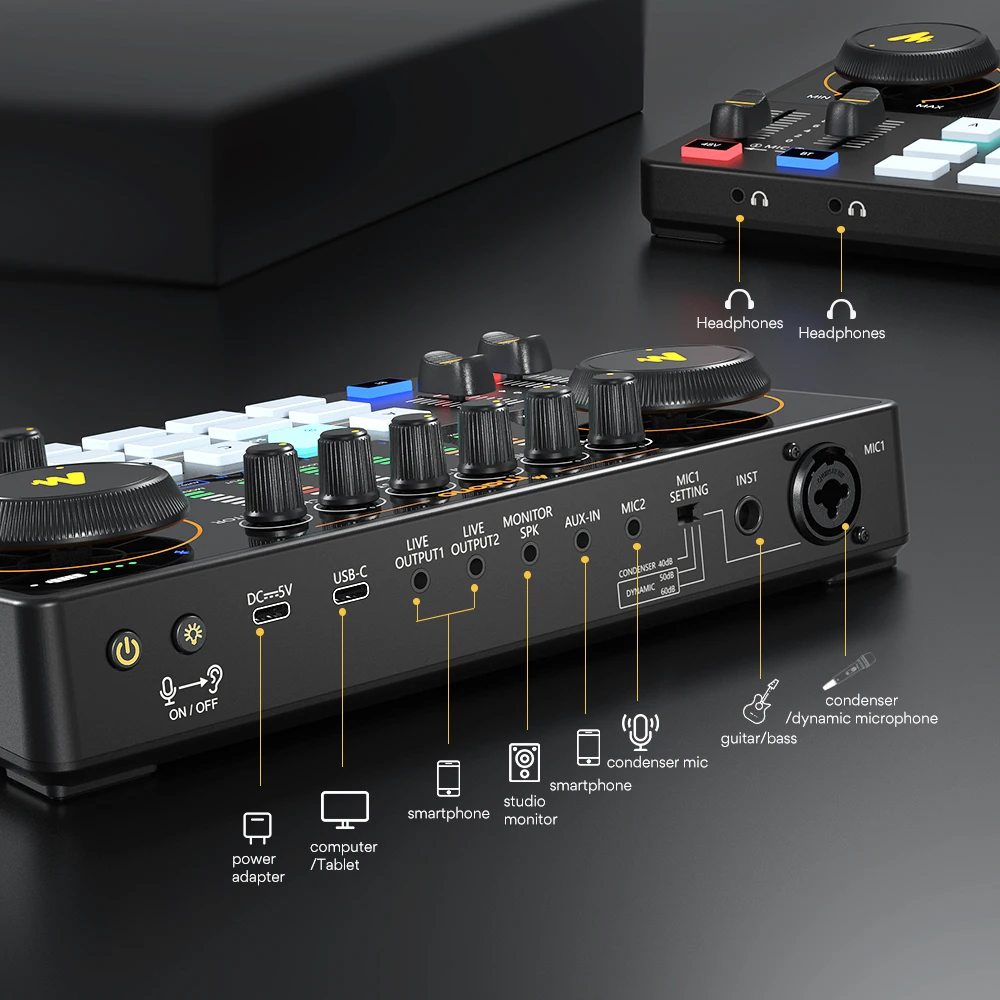 Audio Interface Sound Card DJ Mixer All in One Portable Podcast Studio for Recording,Live Streaming,Youtube,Guitar,PC