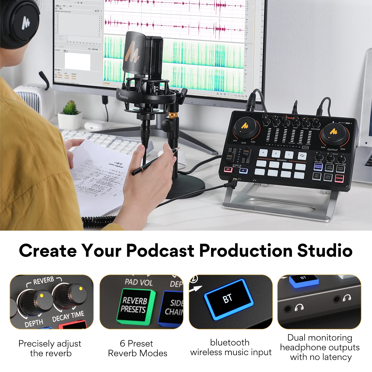 Audio Interface Sound Card DJ Mixer All in One Portable Podcast Studio for Recording,Live Streaming,Youtube,Guitar,PC