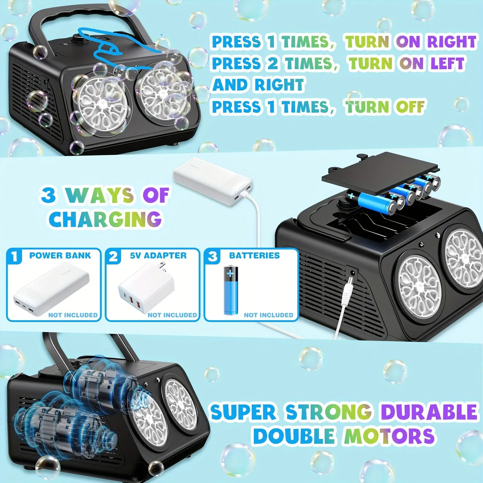 Automatic Bubble Machine Upgrade Bubble Blower with 2 Fans, 20000+ Bubbles Per Minute Bubbles for Kids Portable Bubble