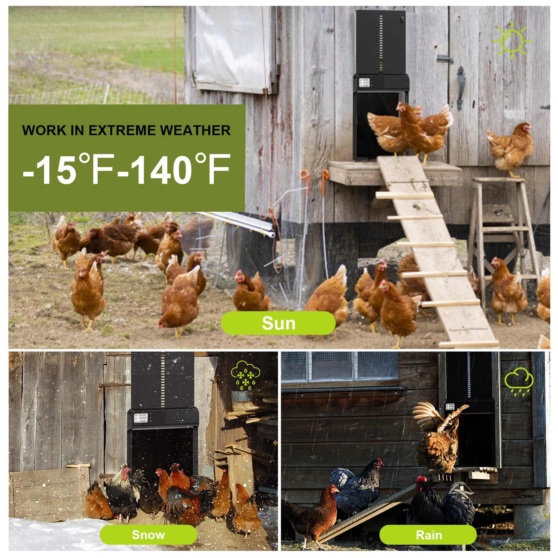 Automatic Chicken Coop Door Aluminum Chicken Door Opener Timer Controlled Open/Close Coop Door Anti-Pinch Function Automatic Chicken Coop Door Aluminum Chicken Door Opener Timer Controlled Open/Close Coop Door Anti-Pinch Function