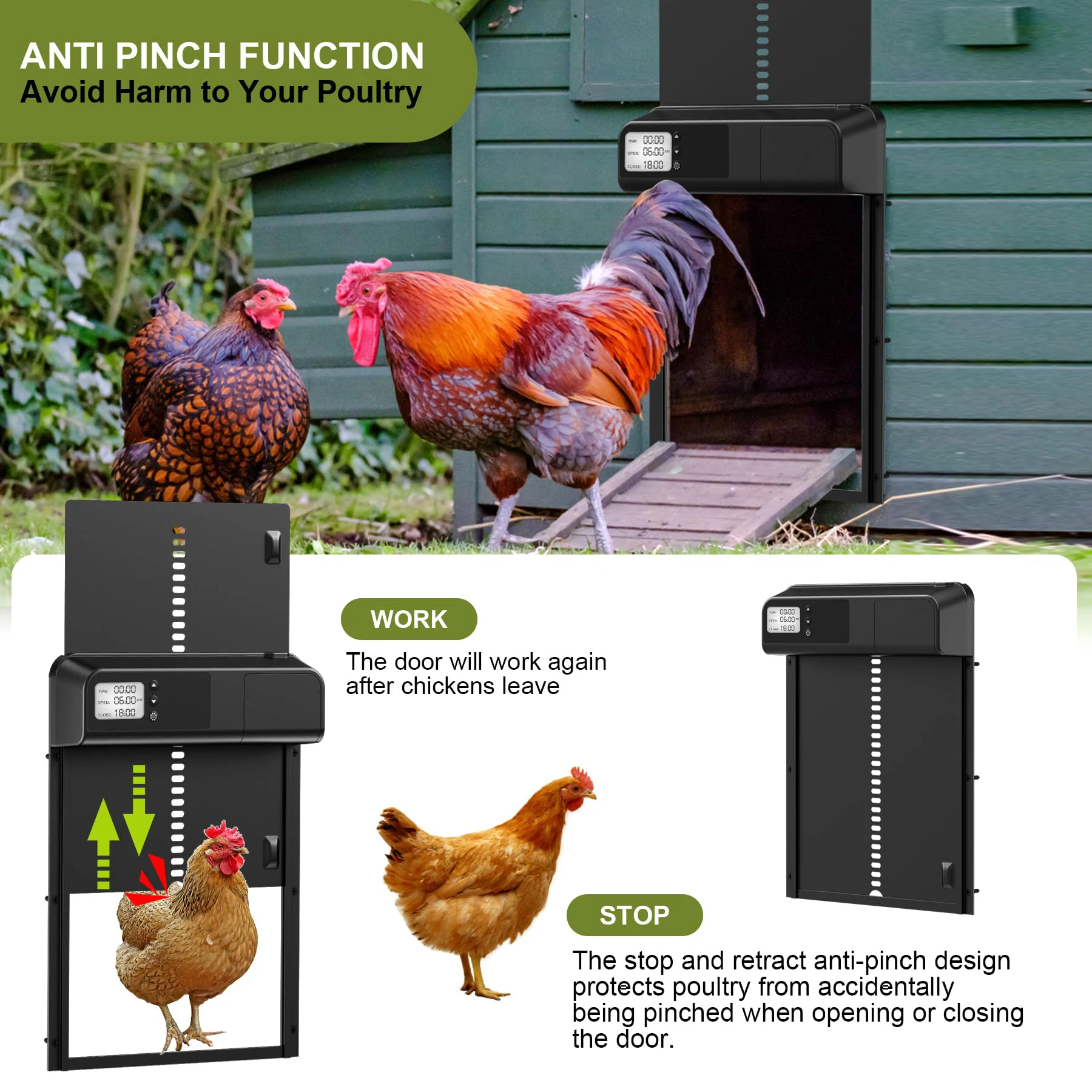 Automatic Chicken Coop Door Aluminum Chicken Door Opener Timer Controlled Open/Close Coop Door Anti-Pinch Function Automatic Chicken Coop Door Aluminum Chicken Door Opener Timer Controlled Open/Close Coop Door Anti-Pinch Function