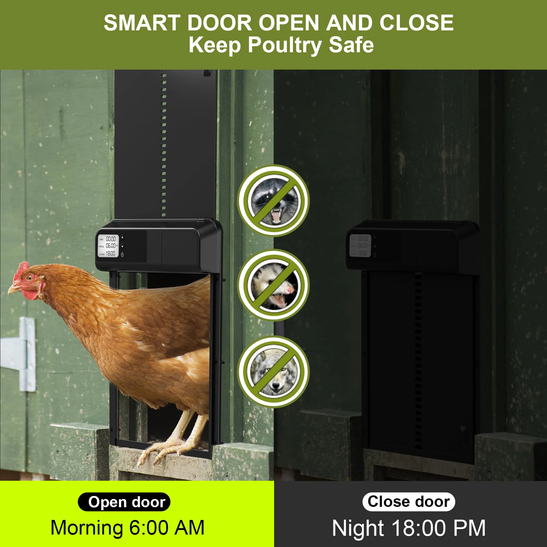 Automatic Chicken Coop Door Aluminum Chicken Door Opener Timer Controlled Open/Close Coop Door Anti-Pinch Function Automatic Chicken Coop Door Aluminum Chicken Door Opener Timer Controlled Open/Close Coop Door Anti-Pinch Function