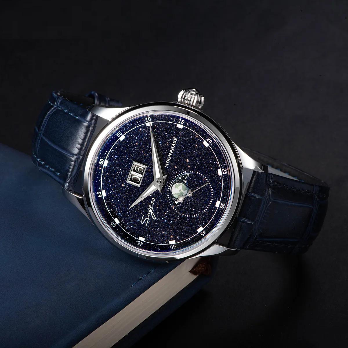 Automatic Mechanical Watch of Men Moonphase 40mm Wristwatches Seagul ST2528 Movement Stainless Steel Blue Sandstone Dial Automatic Mechanical Watch of Men Moonphase 40mm Wristwatches Seagul ST2528 Movement Stainless Steel Blue Sandstone Dial