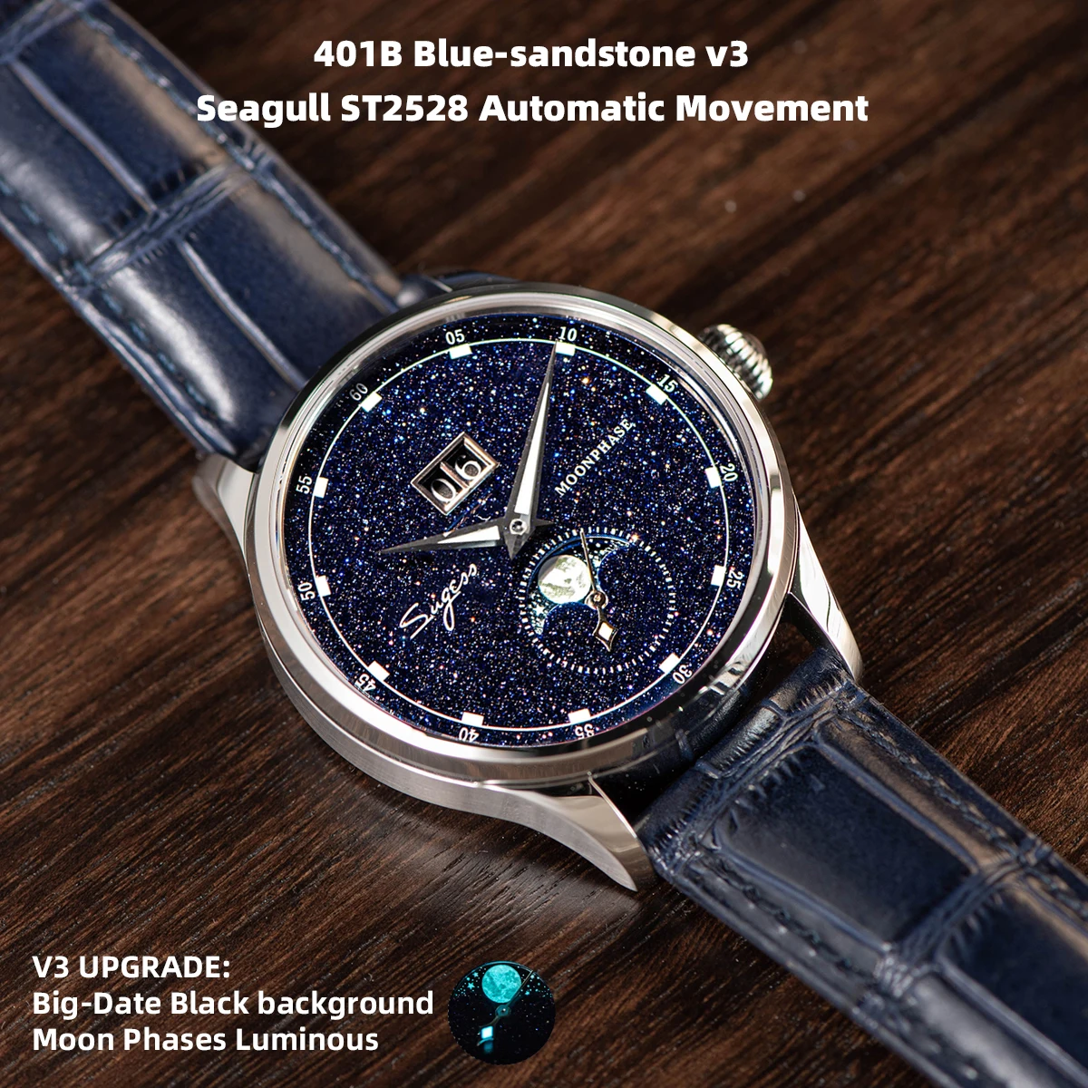 Automatic Mechanical Watch of Men Moonphase 40mm Wristwatches Seagul ST2528 Movement Stainless Steel Blue Sandstone Dial