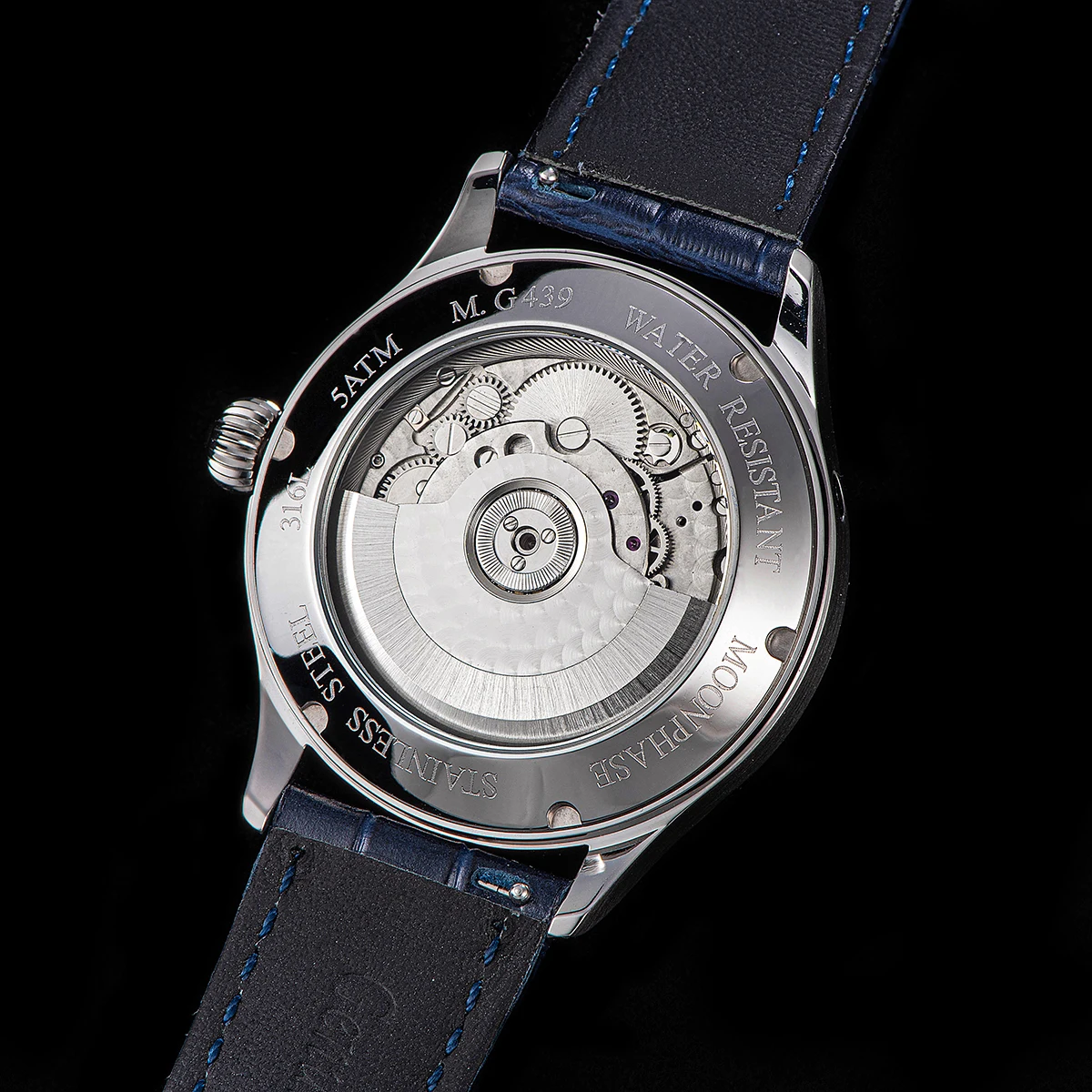 Automatic Mechanical Watch of Men Moonphase 40mm Wristwatches Seagul ST2528 Movement Stainless Steel Blue Sandstone Dial