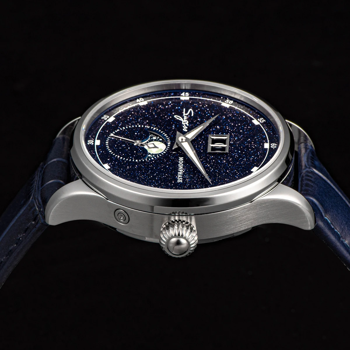 Automatic Mechanical Watch of Men Moonphase 40mm Wristwatches Seagul ST2528 Movement Stainless Steel Blue Sandstone Dial