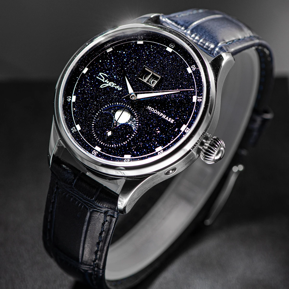 Automatic Mechanical Watch of Men Moonphase 40mm Wristwatches Seagul ST2528 Movement Stainless Steel Blue Sandstone Dial