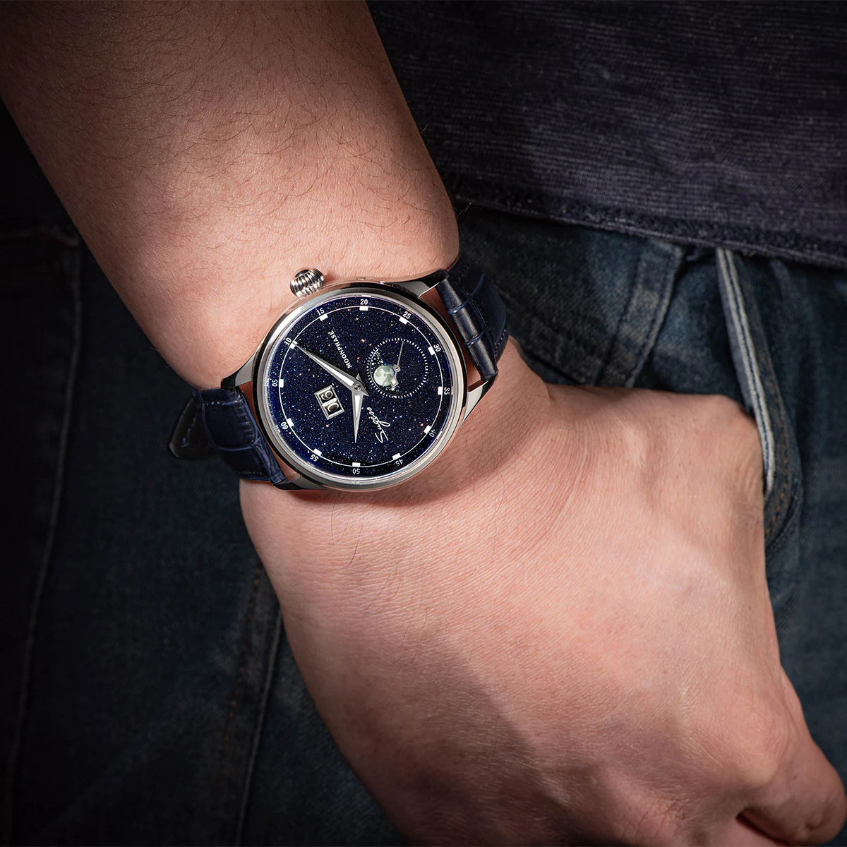 Automatic Mechanical Watch of Men Moonphase 40mm Wristwatches Seagul ST2528 Movement Stainless Steel Blue Sandstone Dial