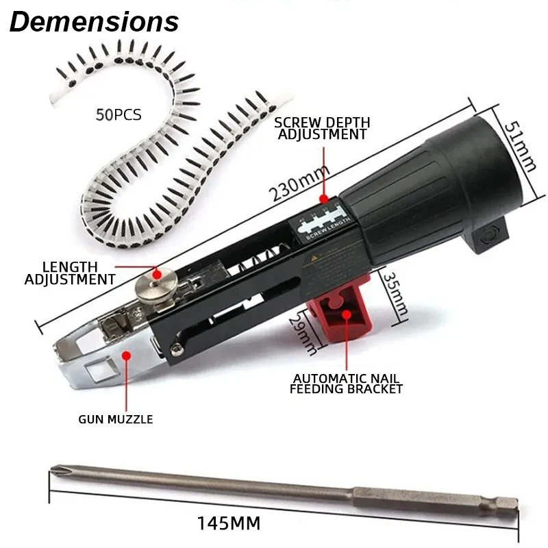 Automatic Screw Driver Chain Nail Gun Adapter Electric Drill Nozzle Woodwork Screw Drive Auto Feed Power Tool Part