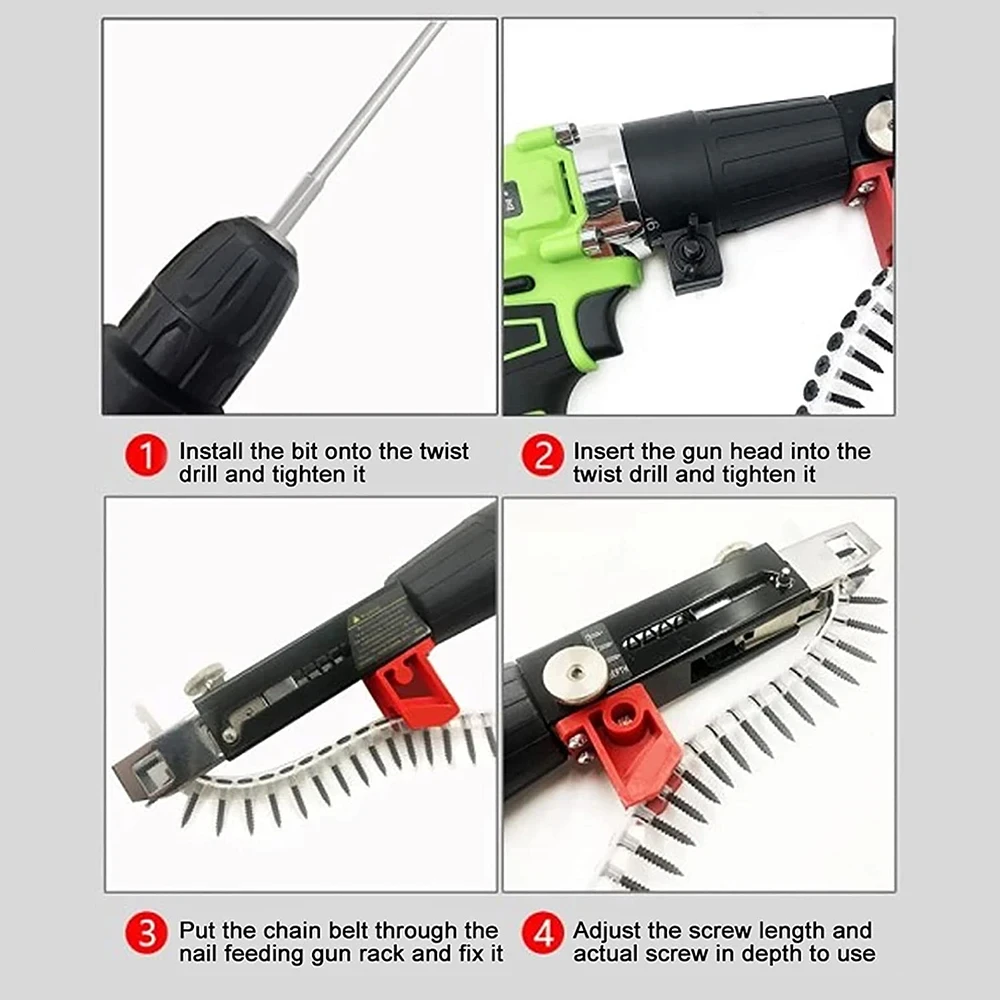 Automatic Screw Driver Chain Nail Gun Adapter Electric Drill Nozzle Woodwork Screw Drive Auto Feed Power Tool Part