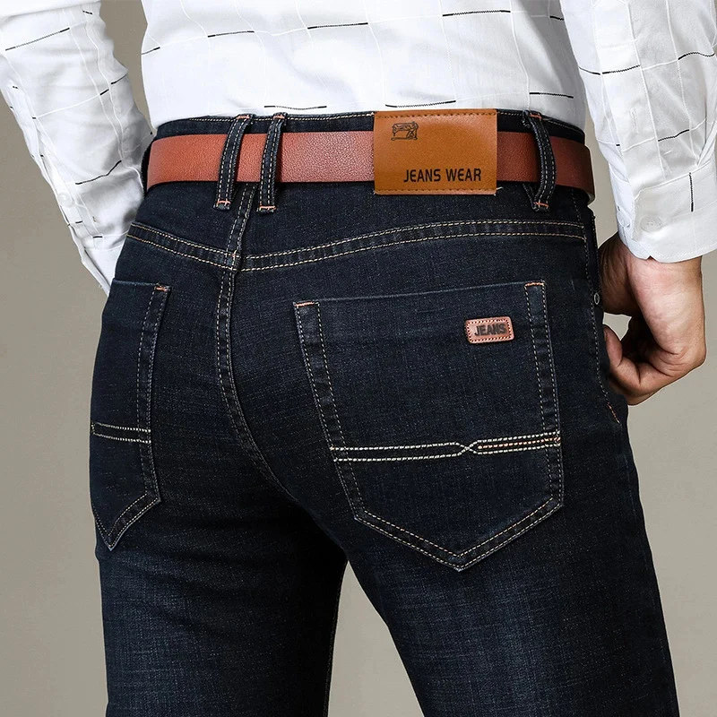Autumn Classic Men's Fitted Stretch Jeans Business Casual Cotton Denim Straight Leg Pants Male Black Blue Trousers Autumn Classic Men's Fitted Stretch Jeans Business Casual Cotton Denim Straight Leg Pants Male Black Blue Trousers