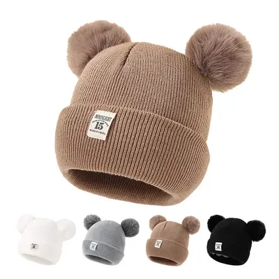 Autumn Winter Baby Warm Knitted Hats With Double Pom Pom Kids Knit Beanie Hat Solid Color Children Hat