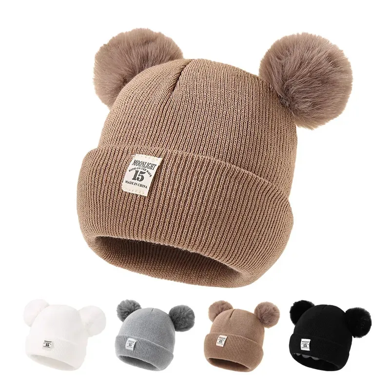 Autumn Winter Baby Warm Knitted Hats With Double Pom Pom Kids Knit Beanie Hat Solid Color Children Hat