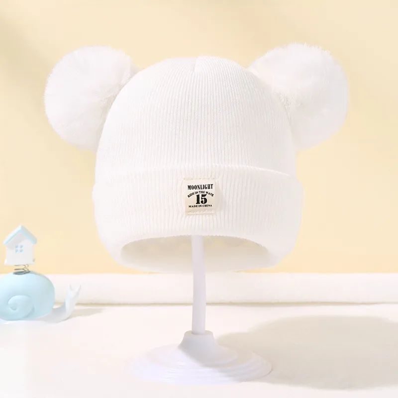 Autumn Winter Baby Warm Knitted Hats With Double Pom Pom Kids Knit Beanie Hat Solid Color Children Hat