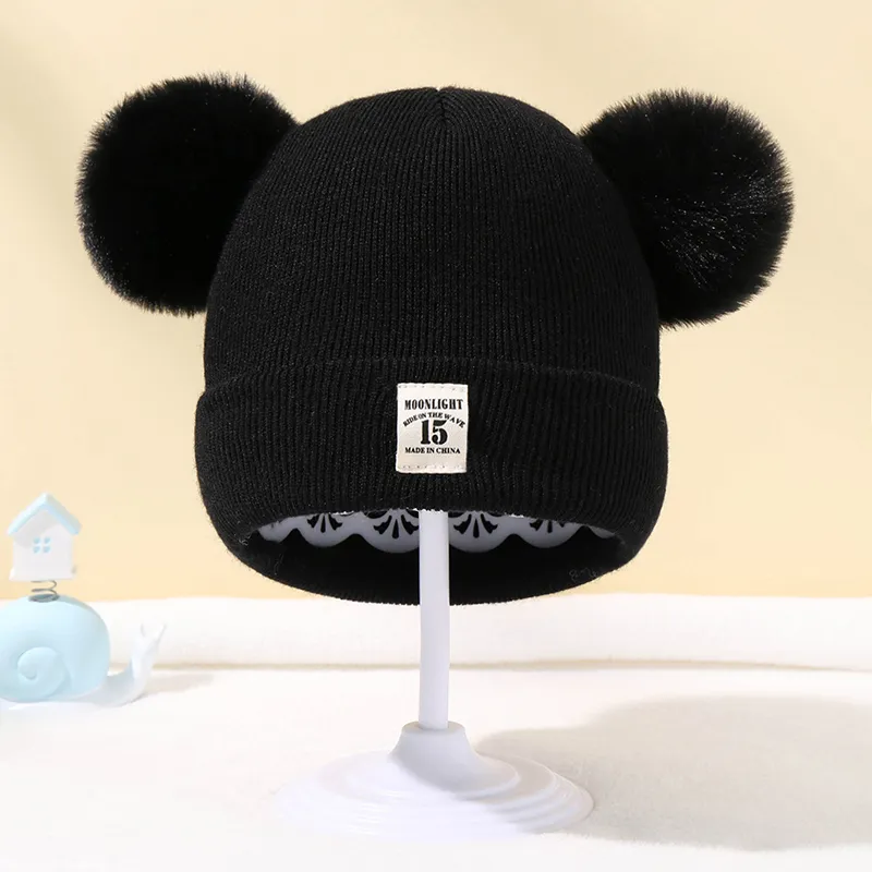 Autumn Winter Baby Warm Knitted Hats With Double Pom Pom Kids Knit Beanie Hat Solid Color Children Hat