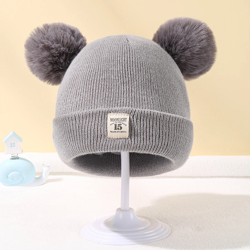 Autumn Winter Baby Warm Knitted Hats With Double Pom Pom Kids Knit Beanie Hat Solid Color Children Hat