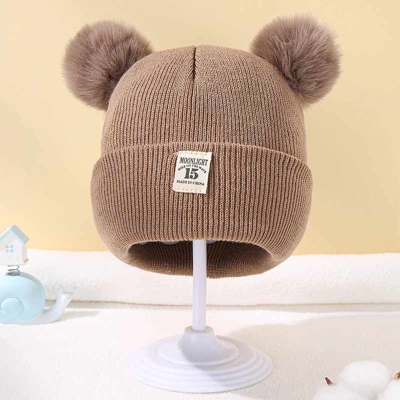 Autumn Winter Baby Warm Knitted Hats With Double Pom Pom Kids Knit Beanie Hat Solid Color Children Hat