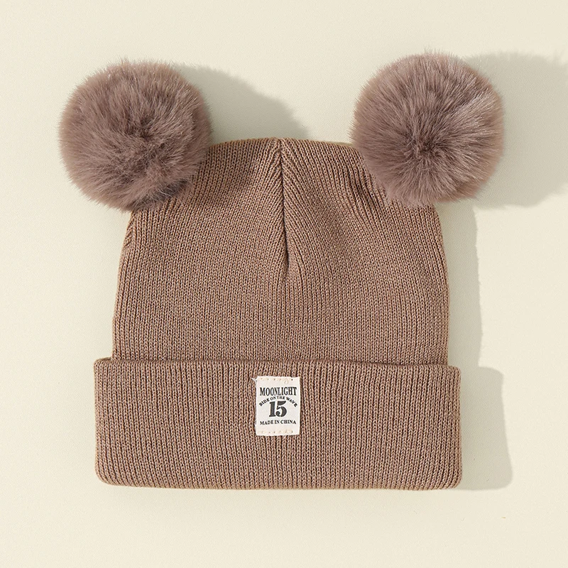 Autumn Winter Baby Warm Knitted Hats With Double Pom Pom Kids Knit Beanie Hat Solid Color Children Hat