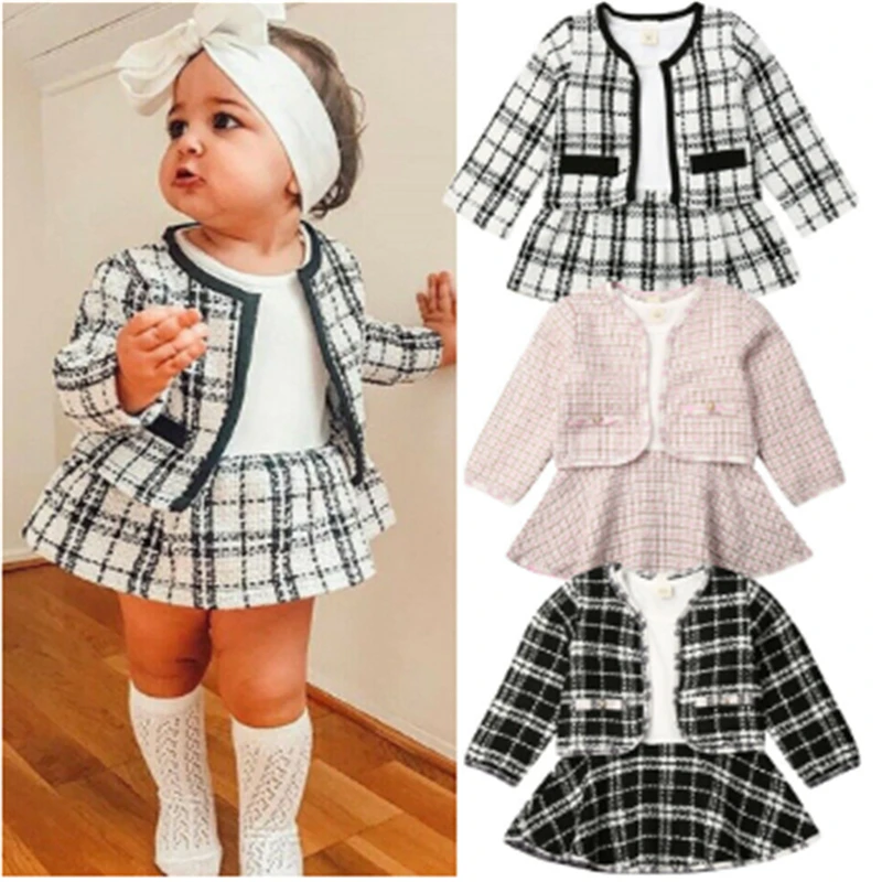 Autumn Winter Spring Party Baby Girls Clothes Plaid Coat Tops+Tutu Dress Formal Outfits Fit For 0-6 Years