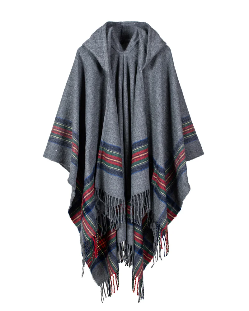 Autumn Winter Stoles Knitted Poncho Cape Hooded Stripe Oversized Cardigan Blanket Long Shawl Scarf Cashmere Pashmina