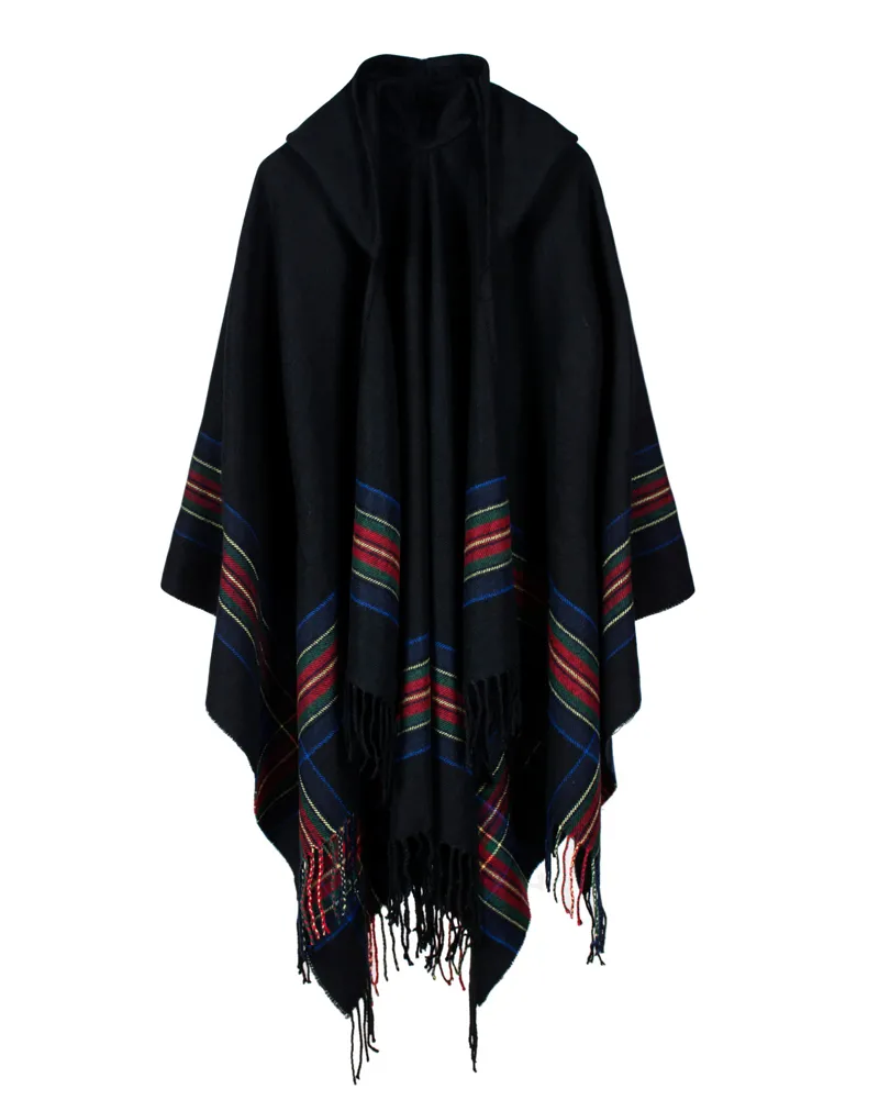 Autumn Winter Stoles Knitted Poncho Cape Hooded Stripe Oversized Cardigan Blanket Long Shawl Scarf Cashmere Pashmina