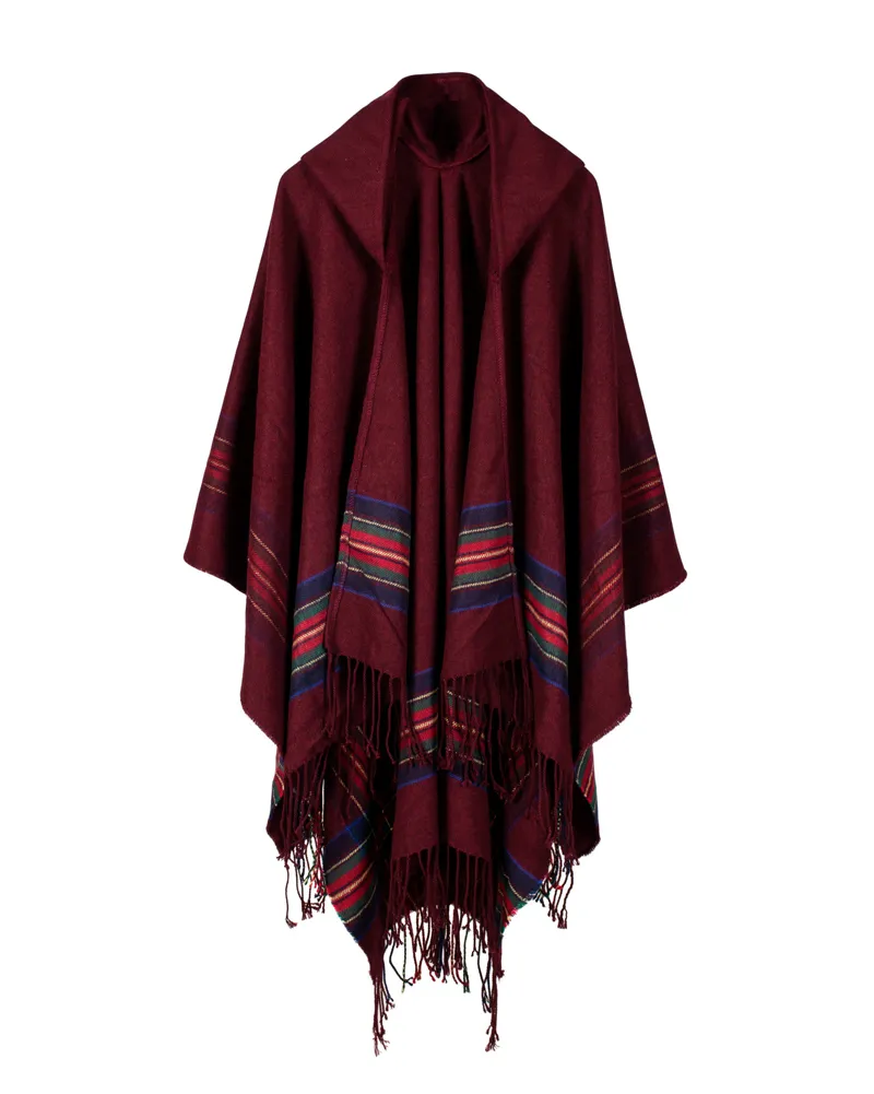Autumn Winter Stoles Knitted Poncho Cape Hooded Stripe Oversized Cardigan Blanket Long Shawl Scarf Cashmere Pashmina