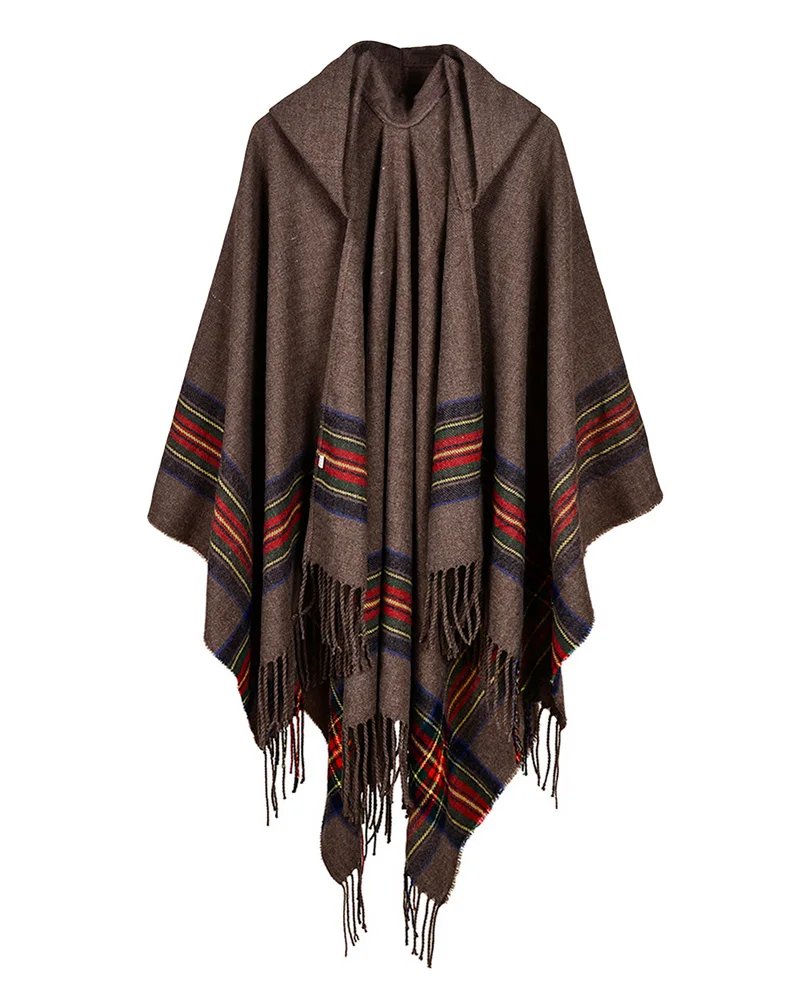 Autumn Winter Stoles Knitted Poncho Cape Hooded Stripe Oversized Cardigan Blanket Long Shawl Scarf Cashmere Pashmina