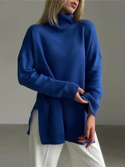 Autumn Winter Women's Sweaters Turtleneck Women Pulovers Side Split Knitted Jumpers Christmas Sweater Oversize Pull For