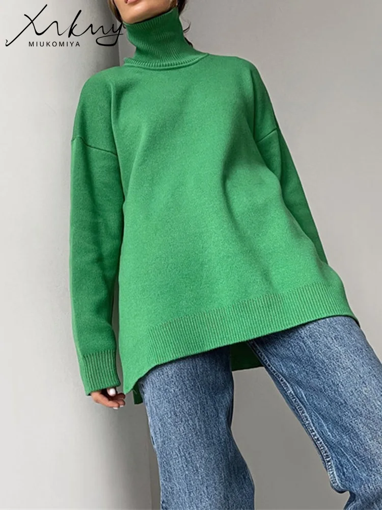 Autumn Winter Women's Sweaters Turtleneck Women Pulovers Side Split Knitted Jumpers Christmas Sweater Oversize Pull For