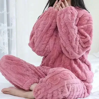 Autumn Women Solid Warm 2 Piece Sets Thicken Velvet Ribbed Fleece Set Pullover And Pants Women Casual Pajama