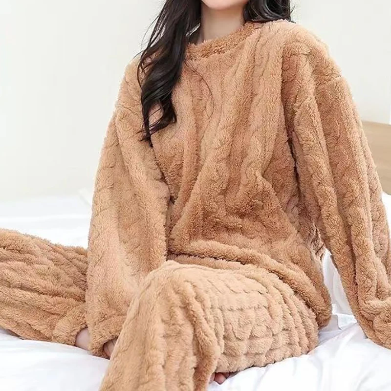 Autumn Women Solid Warm 2 Piece Sets Thicken Velvet Ribbed Fleece Set Pullover And Pants Women Casual Pajama