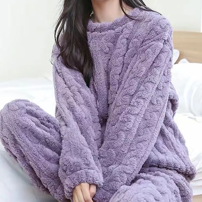 Autumn Women Solid Warm 2 Piece Sets Thicken Velvet Ribbed Fleece Set Pullover And Pants Women Casual Pajama