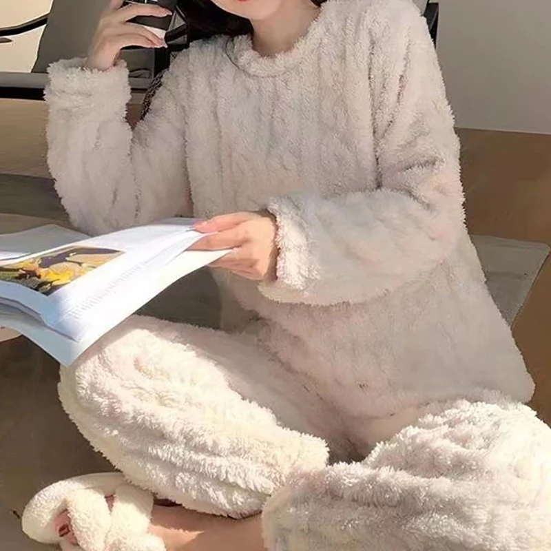 Autumn Women Solid Warm 2 Piece Sets Thicken Velvet Ribbed Fleece Set Pullover And Pants Women Casual Pajama
