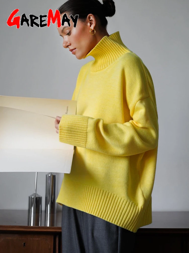 Autumn Women's Knitted Sweater Oversize High Collar Yellow Vintage Pullover Soft Winter Warm Vintage Red Sweaters for