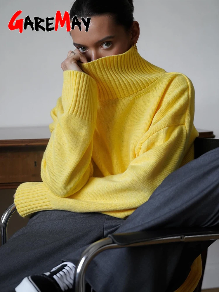 Autumn Women's Knitted Sweater Oversize High Collar Yellow Vintage Pullover Soft Winter Warm Vintage Red Sweaters for