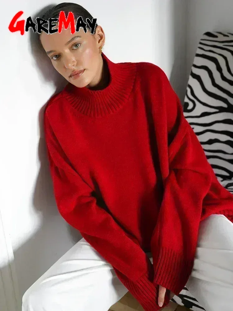 Autumn Women's Knitted Sweater Oversize High Collar Yellow Vintage Pullover Soft Winter Warm Vintage Red Sweaters for
