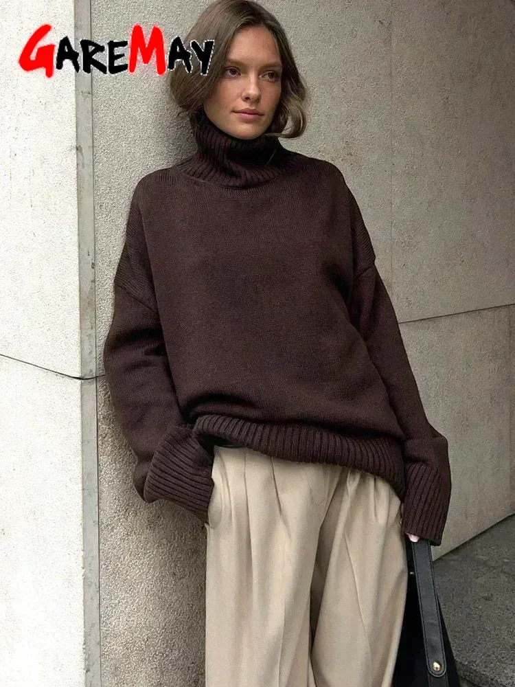 Autumn Women's Knitted Sweater Oversize High Collar Yellow Vintage Pullover Soft Winter Warm Vintage Red Sweaters for