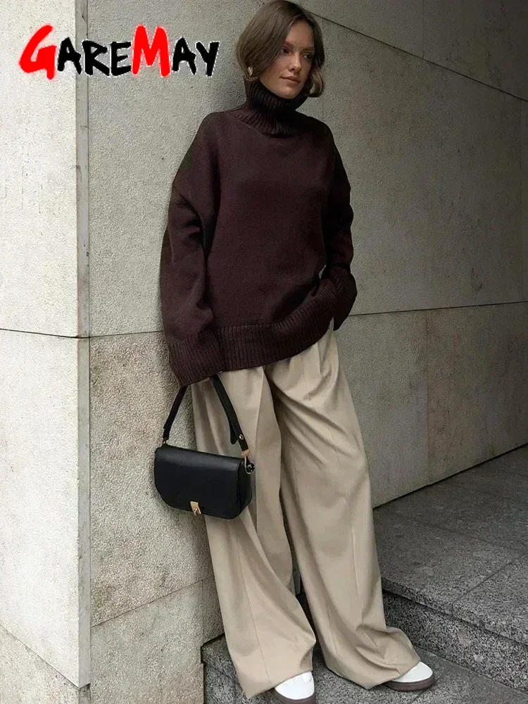 Autumn Women's Knitted Sweater Oversize High Collar Yellow Vintage Pullover Soft Winter Warm Vintage Red Sweaters for