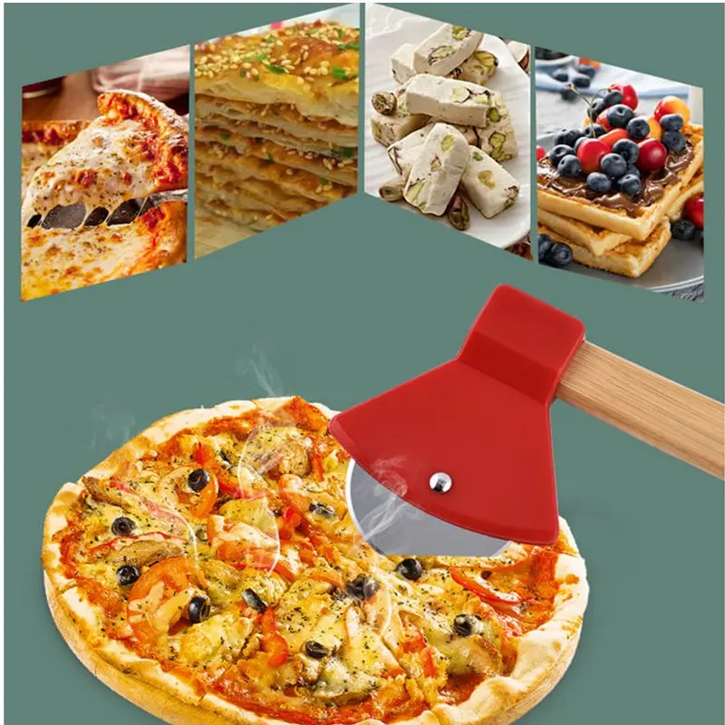 Axe-Type Pizza Cutters With Bamboo Handles and Sharp Rotating Blades for Pizza Bread Cake Axe-Type Pizza Cutters With Bamboo Handles and Sharp Rotating Blades for Pizza Bread Cake