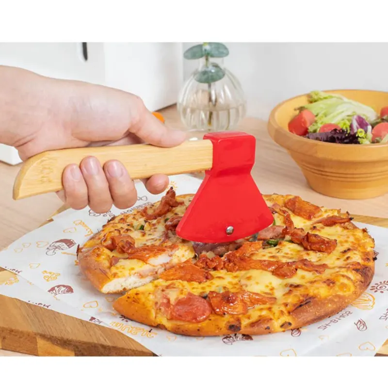 Axe-Type Pizza Cutters With Bamboo Handles and Sharp Rotating Blades for Pizza Bread Cake Axe-Type Pizza Cutters With Bamboo Handles and Sharp Rotating Blades for Pizza Bread Cake