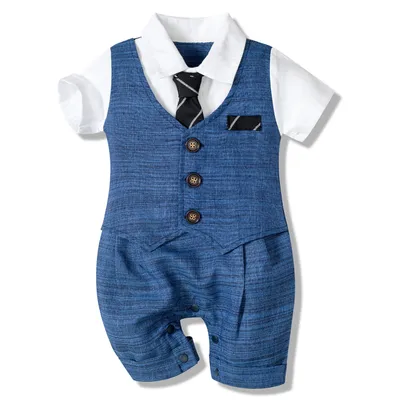Baby Boy Clothes Summer Cotton Formal Romper Gentleman Tie Outfit Newborn One-Piece Clothing Handsome Button Jumpsuit