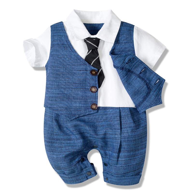 Baby Boy Clothes Summer Cotton Formal Romper Gentleman Tie Outfit Newborn One-Piece Clothing Handsome Button Jumpsuit